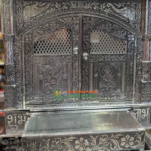 Puja Mandir - Wooden Hindu Temple Oxidized Silver Color Mandir with Doors