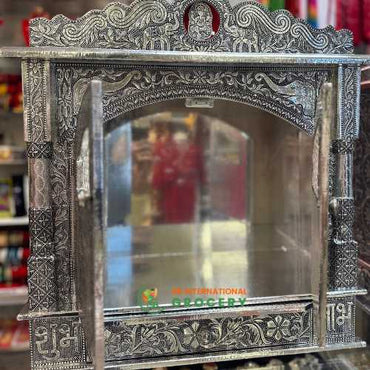 Puja Mandir - Wooden Hindu Temple Oxidized Silver Color Mandir with Doors