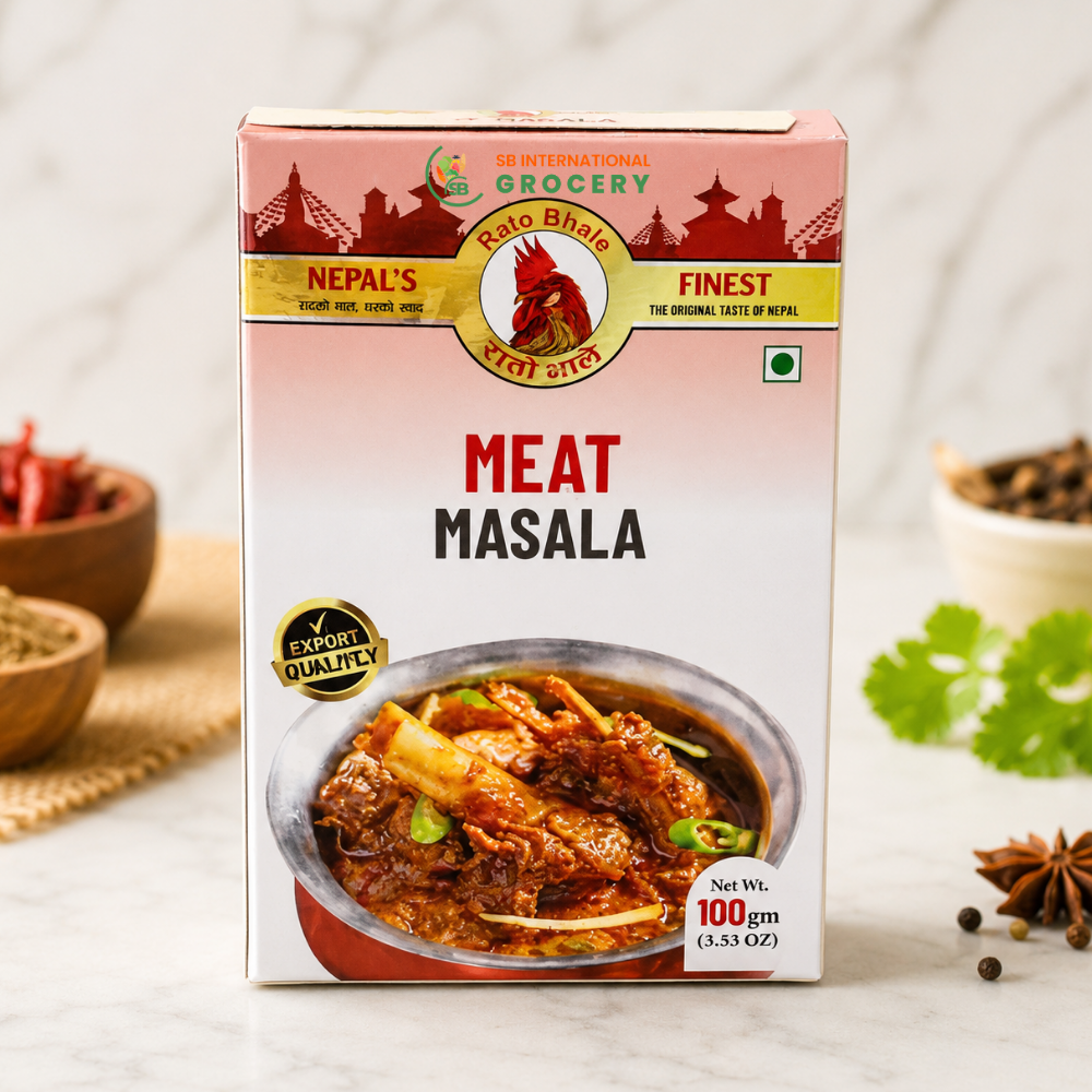 Rato Bhale Meat Masala 100g authentic Nepali spice blend for mutton, goat, chicken, and meat curry available online at SB International Grocery USA