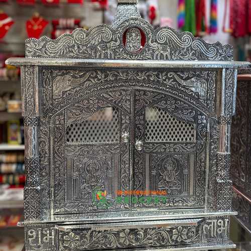 Puja Mandir - Wooden Hindu Temple Oxidized Silver Color Mandir with Doors