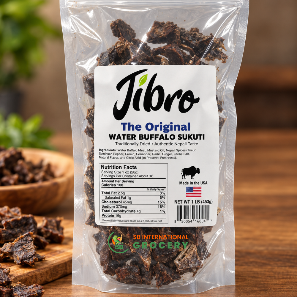 Jibro Buff Sukuti 1 LB authentic Nepali dried water buffalo meat made in USA available at SB International Grocery